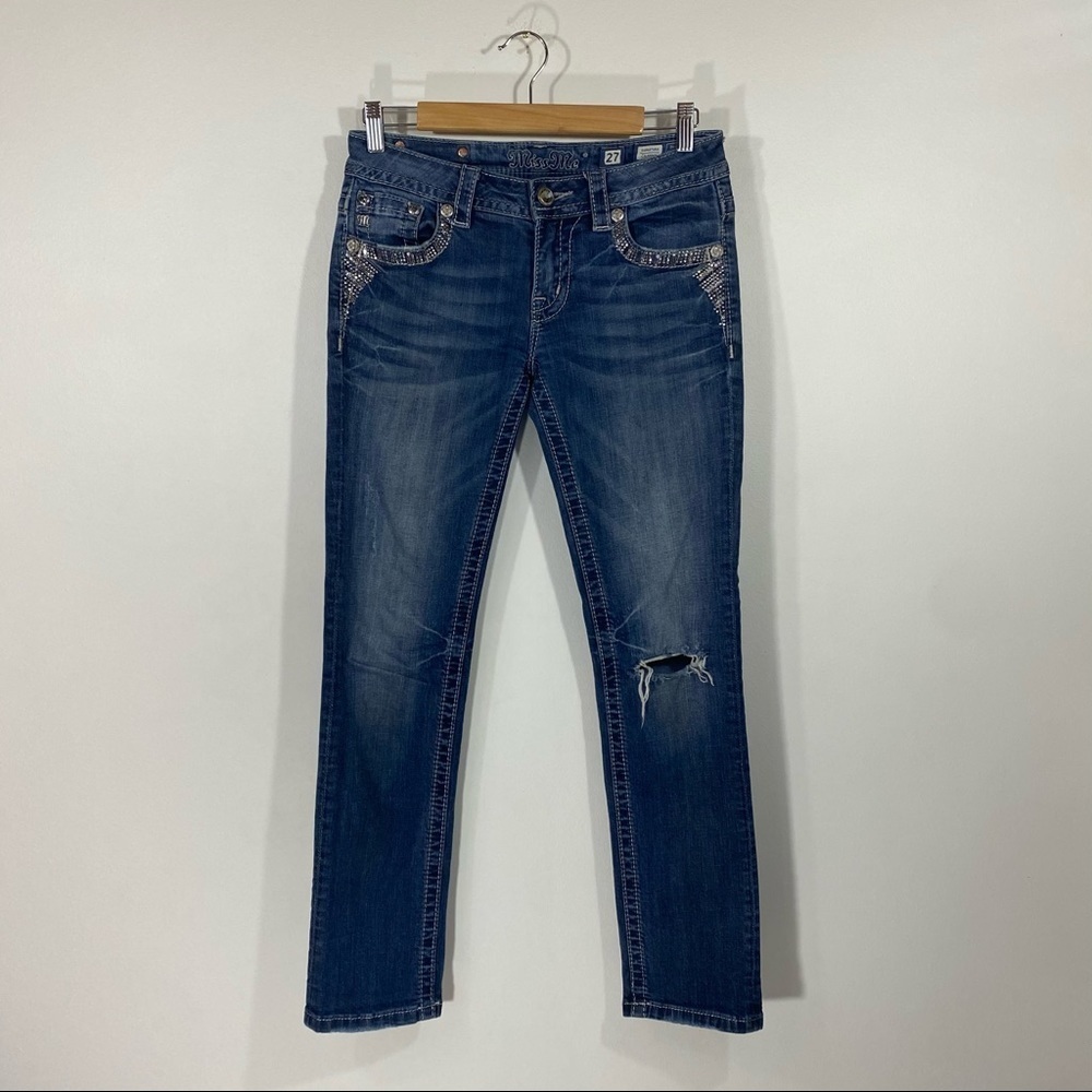 Miss Me Bedazzled Sequin Embellished Dark Wash Signature Cropped Jeans